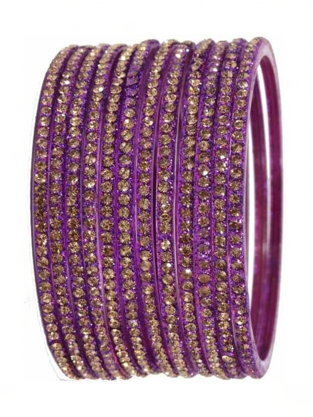 Shasmi Set Of 12 Purple Glass Artificial Stones & Beads Bangle