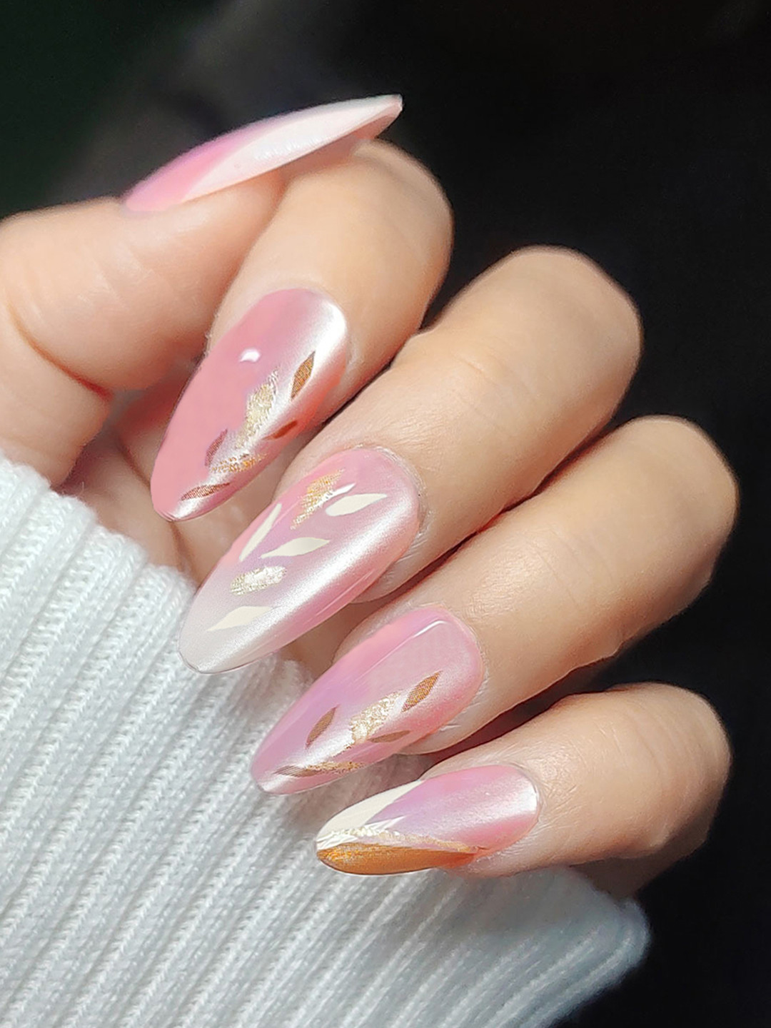 Secret Lives Set Of 24 Reusable Stick On Artificial Nails - Pink White Leaf Catseye