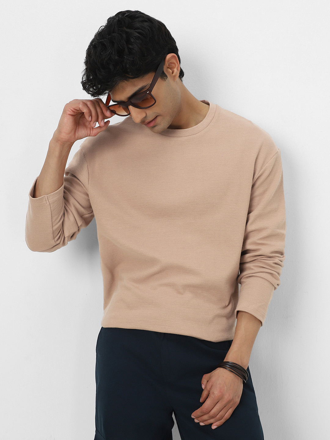 Urbano Fashion Men's Ginger Root Textured Round Neck Oversized Full Sleeve Cotton T-Shirt