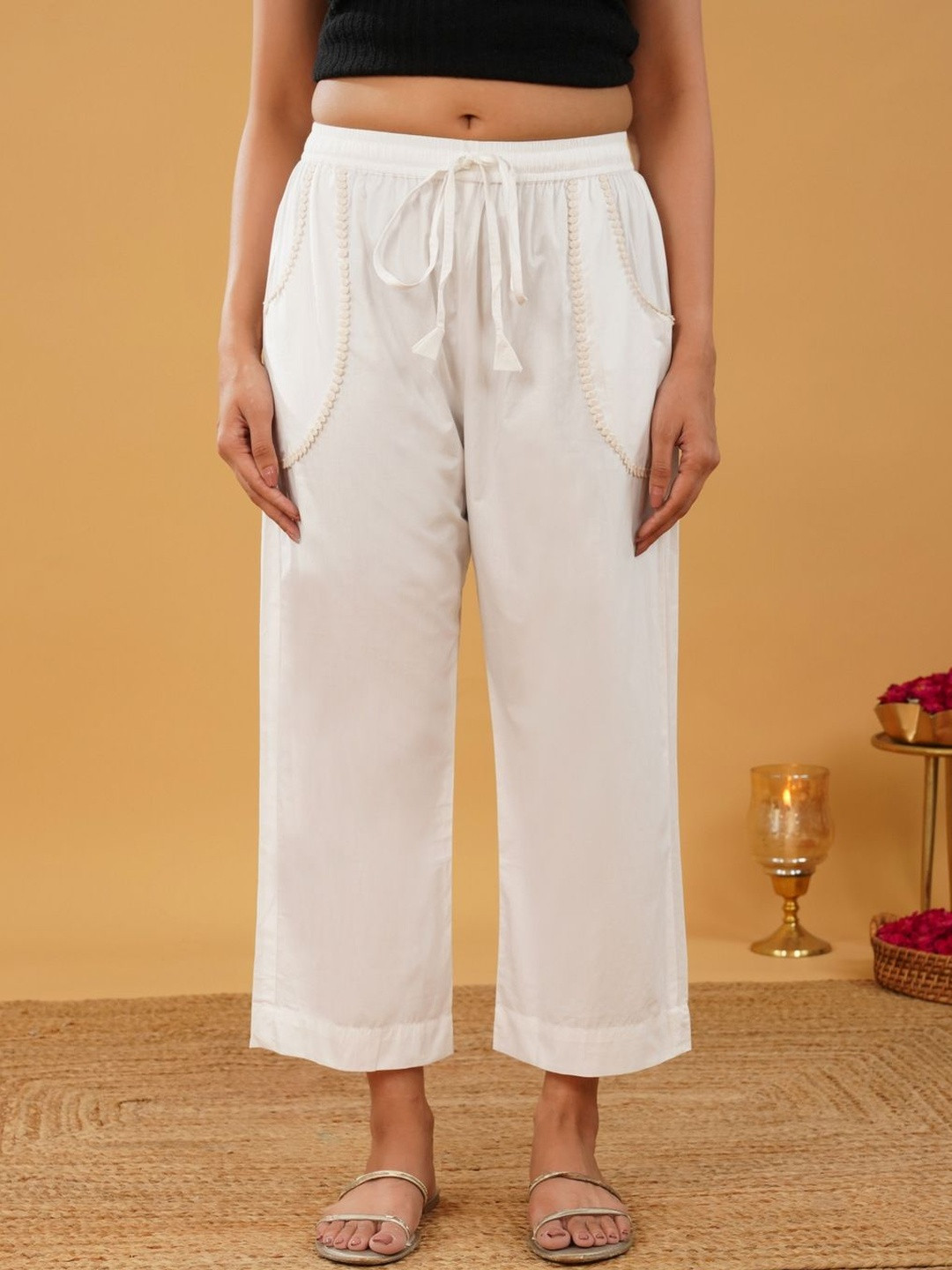 zuri Cotton Mid-Rise Relaxed Fit Straight Leg  Lace Work Trousers