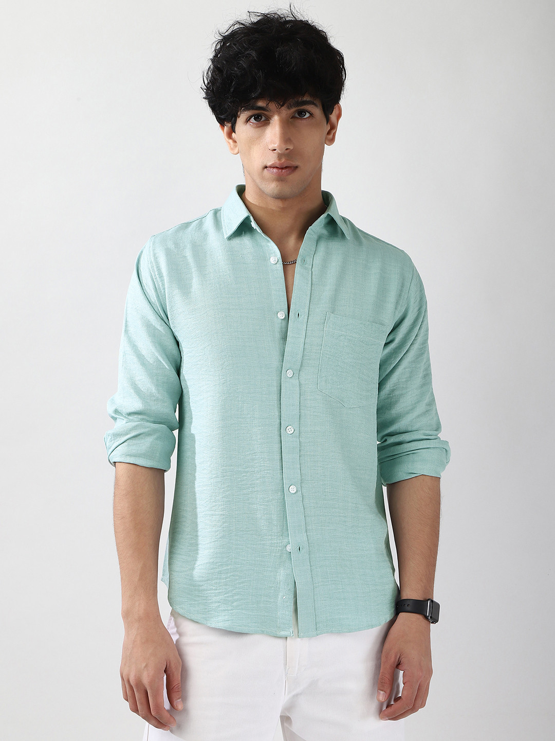 Urbano Fashion Men Light Blue Solid Linen Full Sleeve Relaxed Fit Casual Shirt