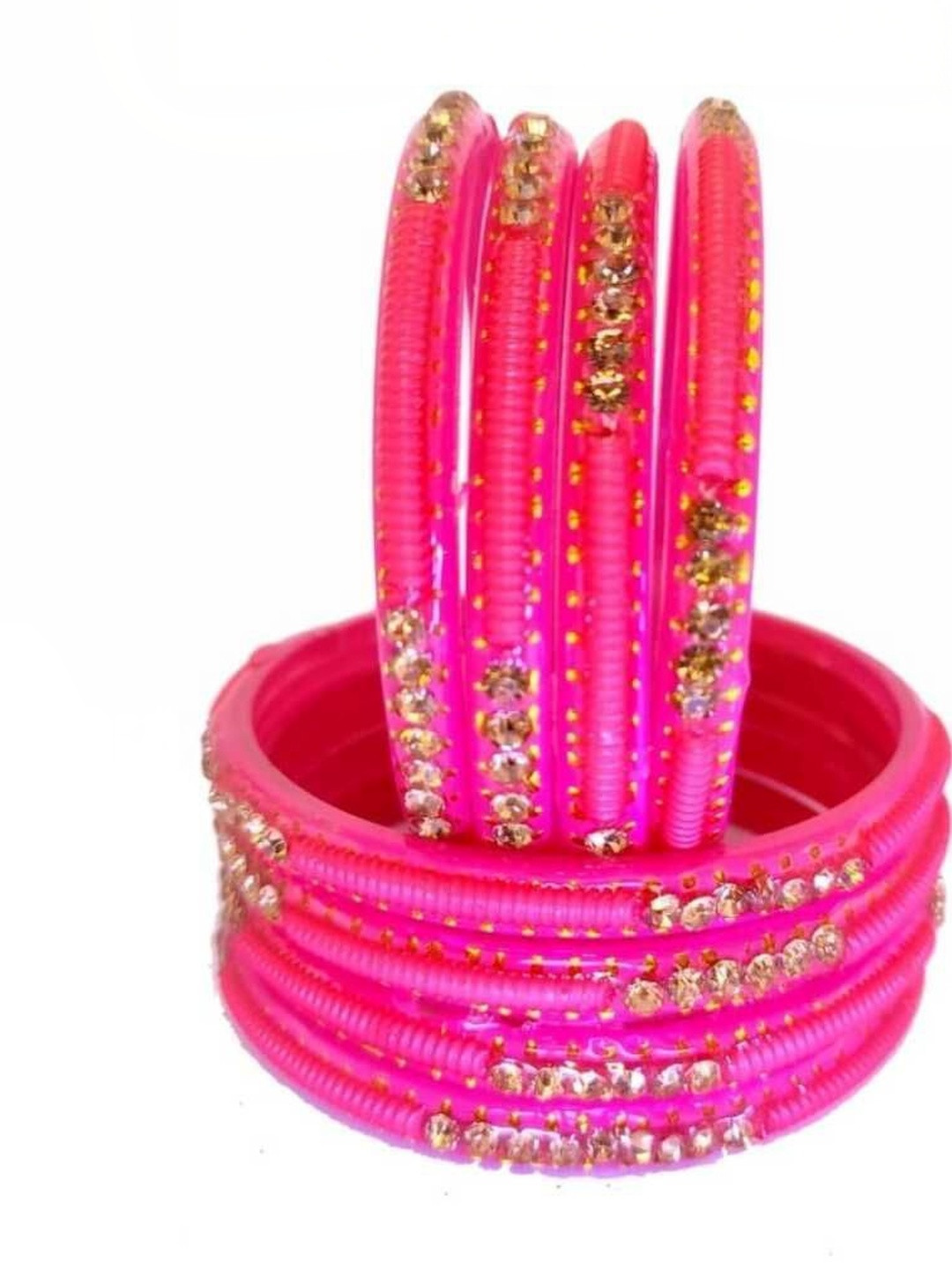 Adiba Fashion Factory Set Of 8 Pink Glass Artificial Stones & Beads Bangle