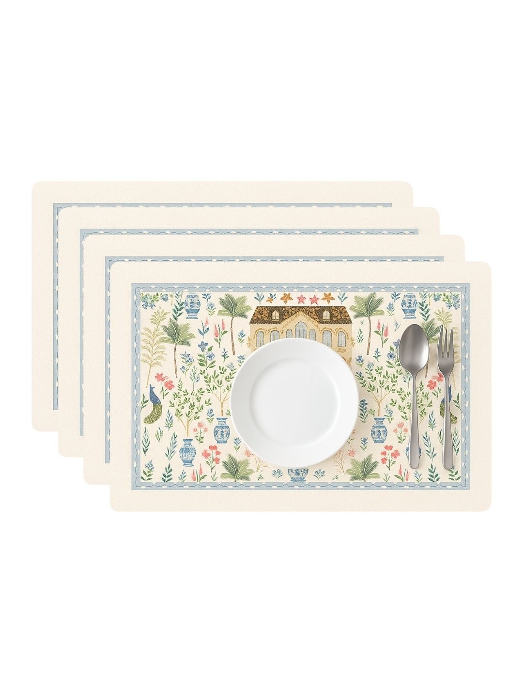 YELONA 4Pcs Off-White & Blue Patterned Waterproof Heat-Resistant Anti-Slip Table Placemat