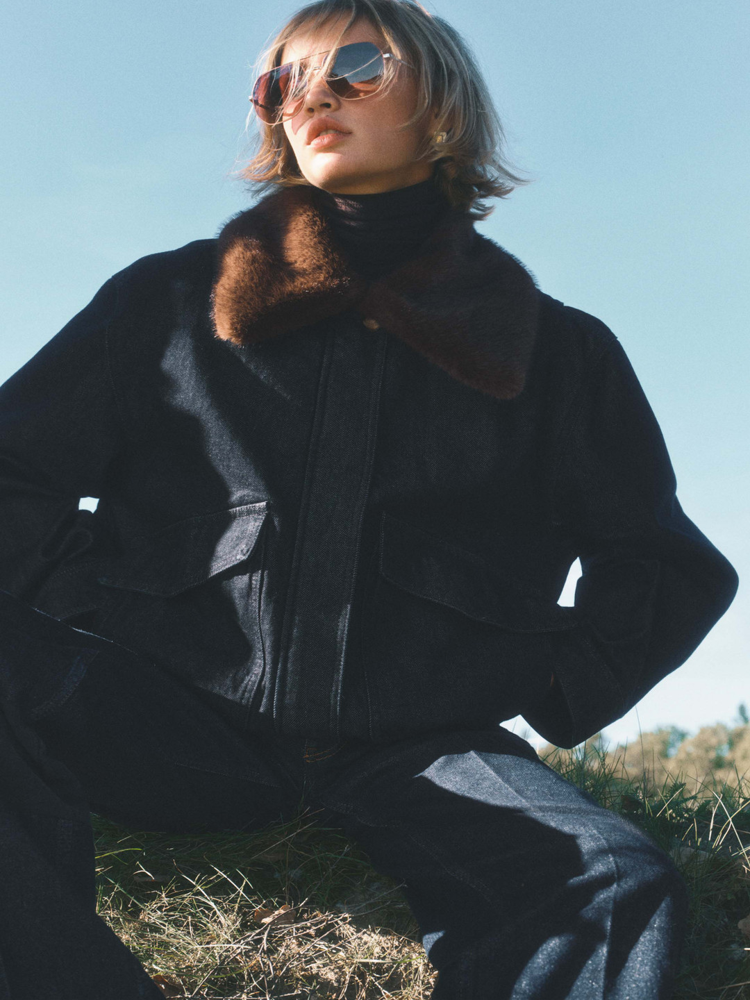 H&M Women Fluffy-Collar Denim Jacket