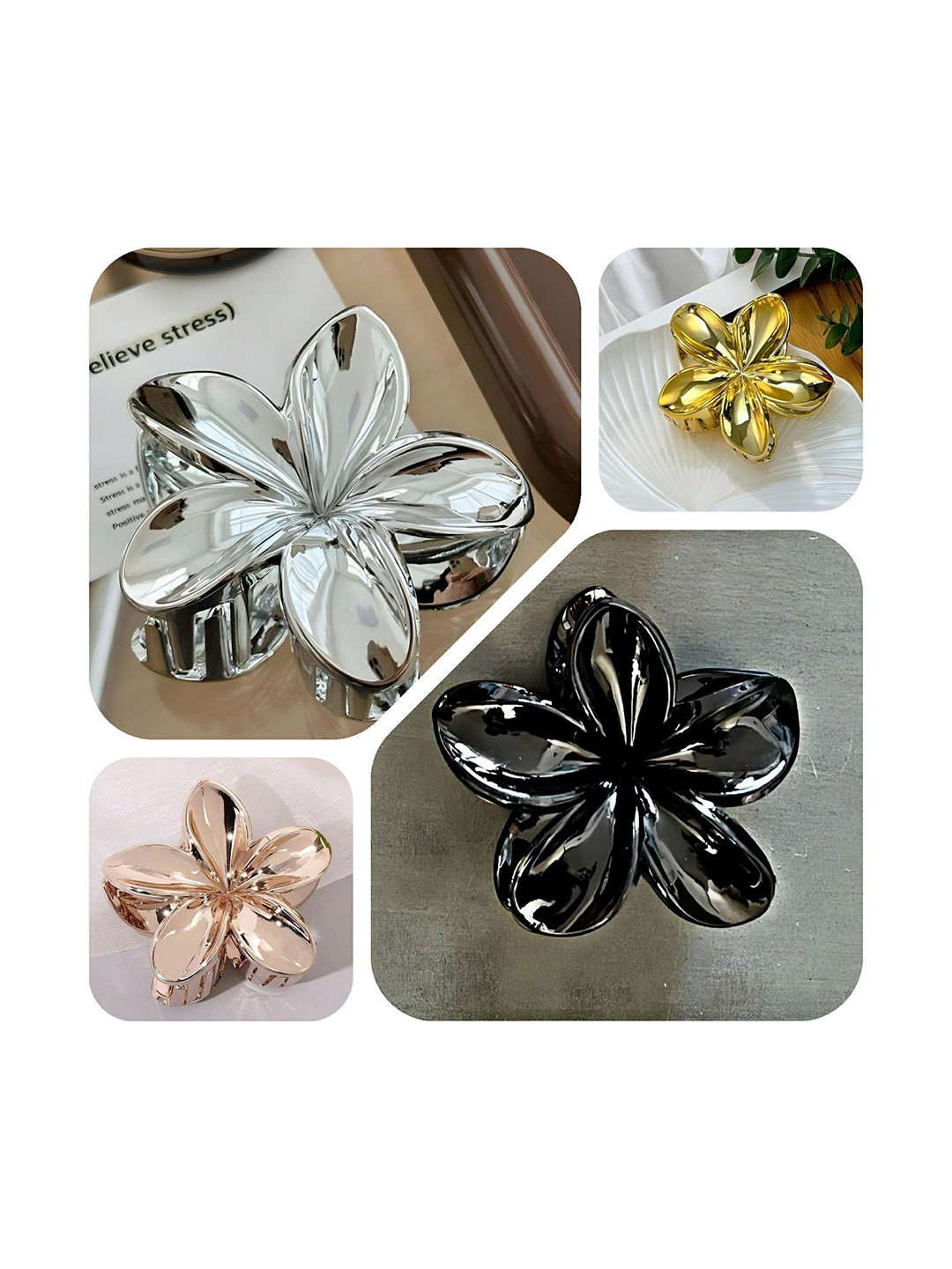 Elecsera Set of 4 New American Style Flower Shaped Metallic  Claw Clip