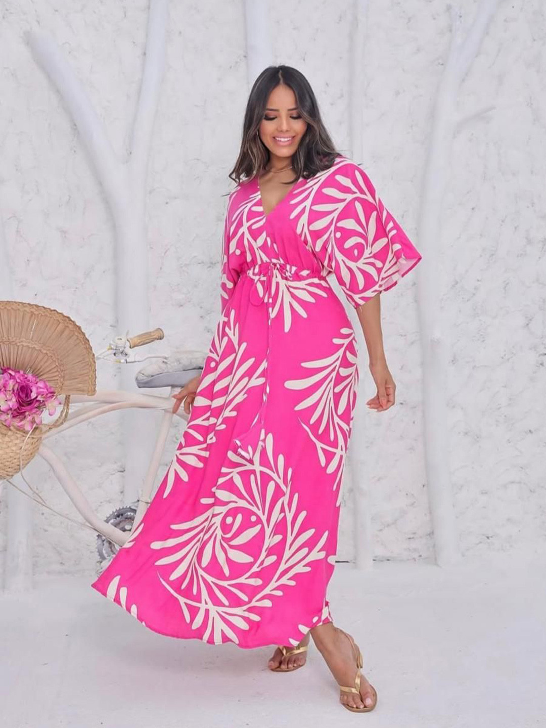 MANOJAVA Floral Print Batwing Sleeve Kaftan Maxi Dress