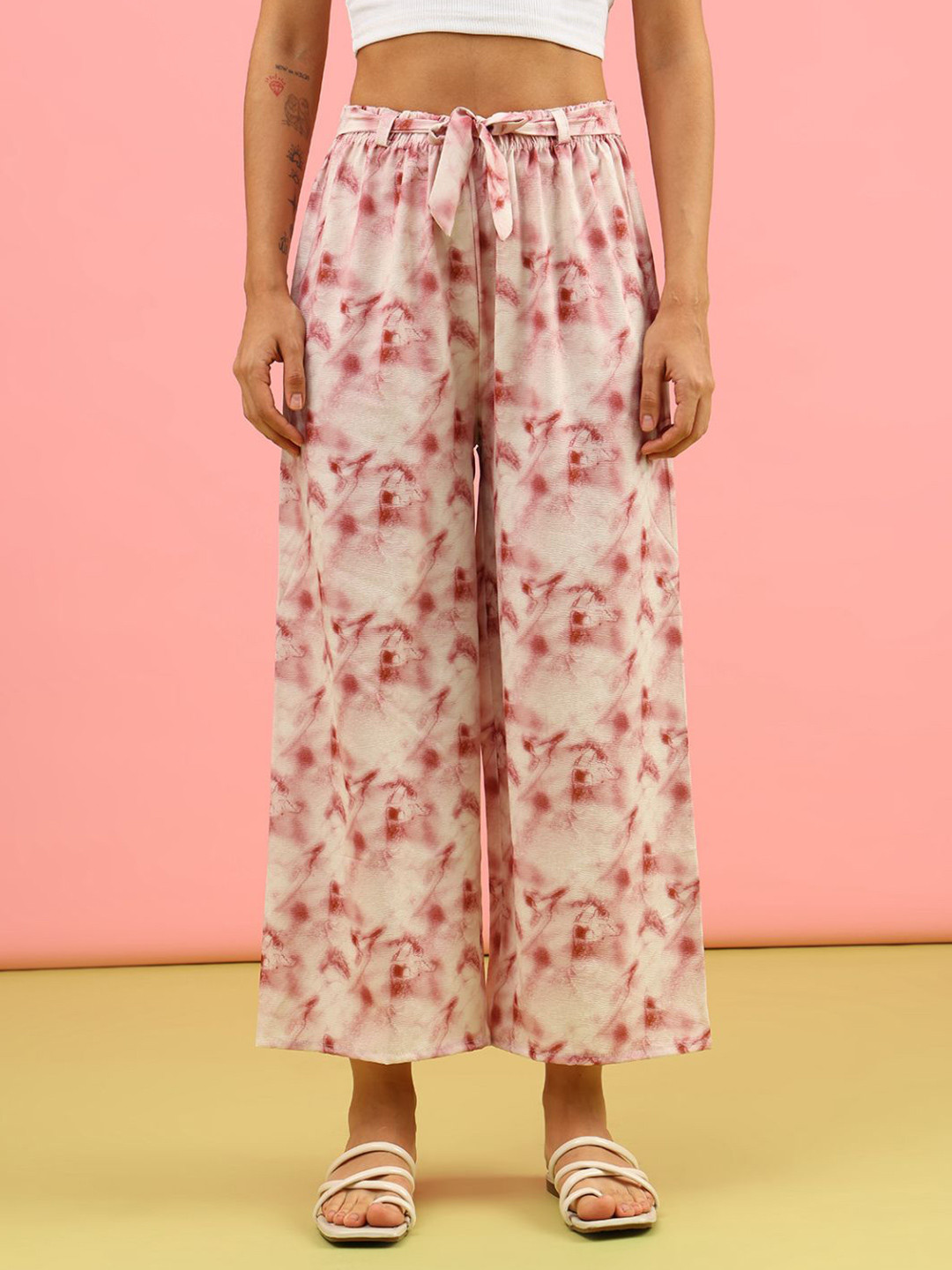 LIMEROAD Women Tie and Dye Printed Flared Cropped Palazzos