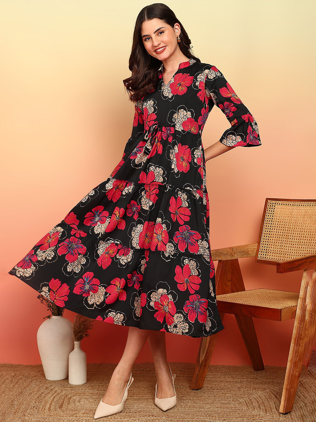 Moda Rapido Floral Print Flared Sleeve Crepe Fit & Flare Midi Dress