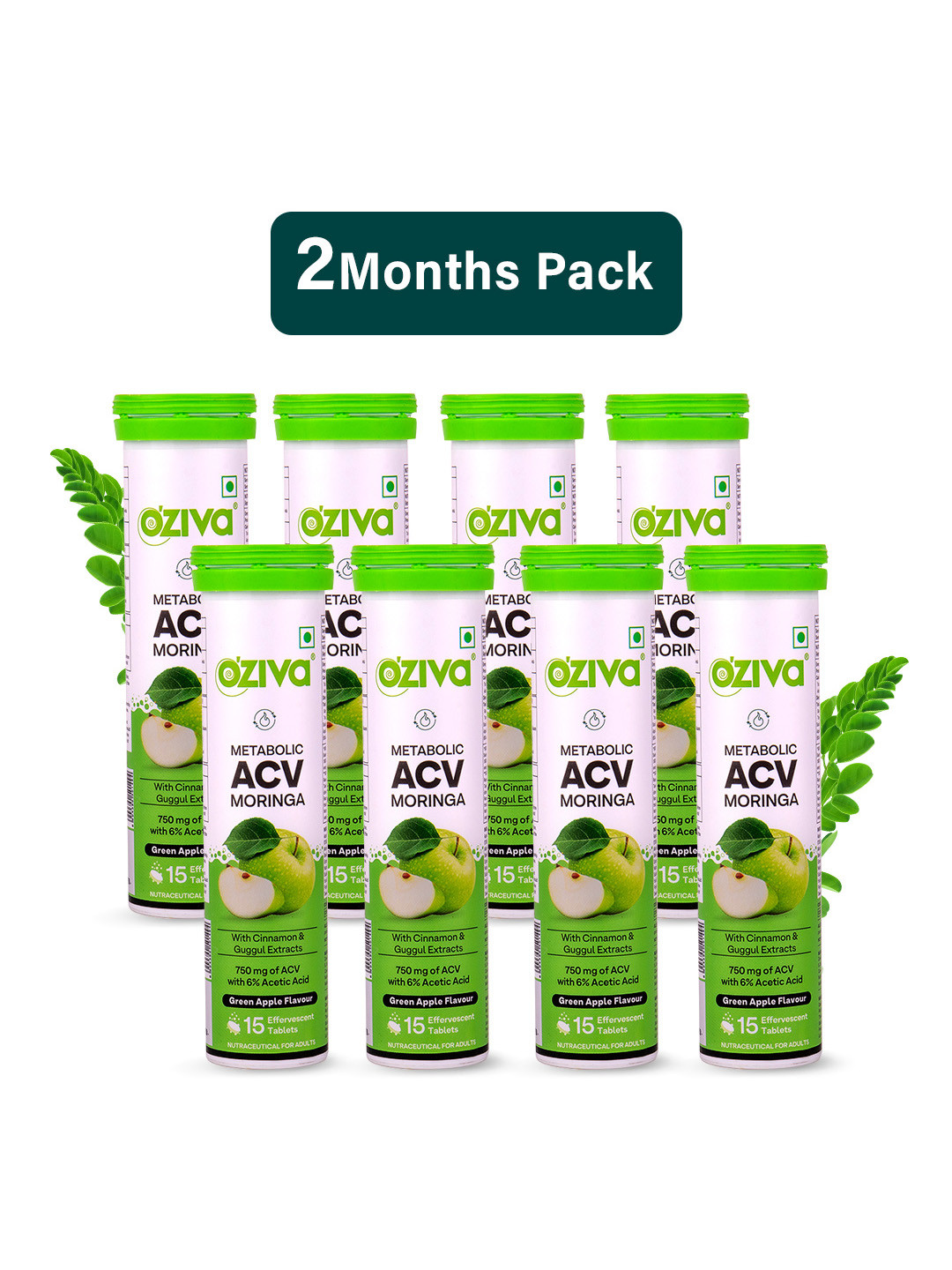 OZiva Set Of 8 Green Apple Flavour Apple Cider Vinegar ACV Moringa Tablets - 15 Tabs Each