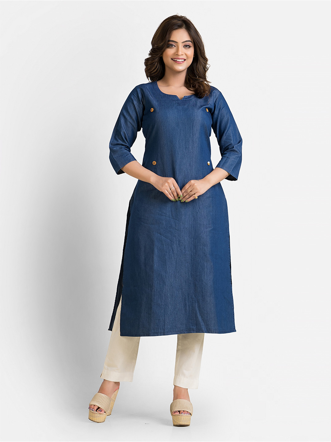 Crazy Needle Women Solid Denim Blue Kurta