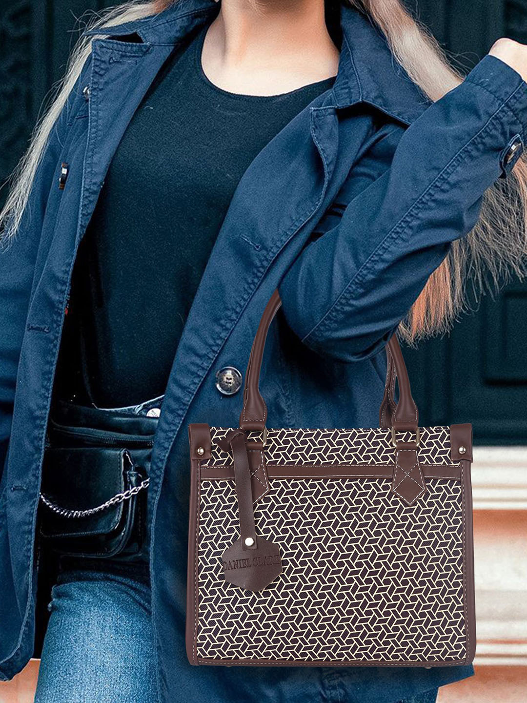 DANIEL CLARK Geometric Printed Structured Handheld Bag