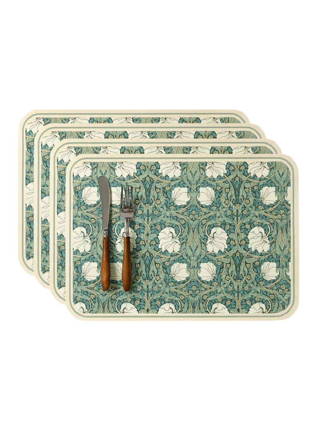 YELONA 4Pcs Green & Beige Patterned Waterproof Heat-Resistant Anti-Slip Table Placemats