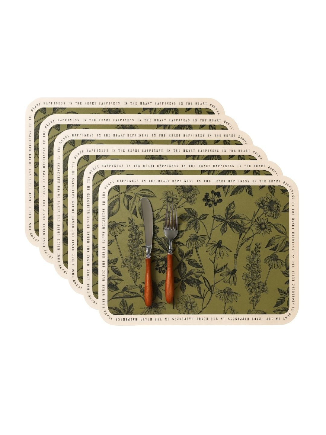 YELONA 6Pcs Olive-Green Patterned Waterproof Heat-Resistant Anti-Slip Table Placemats