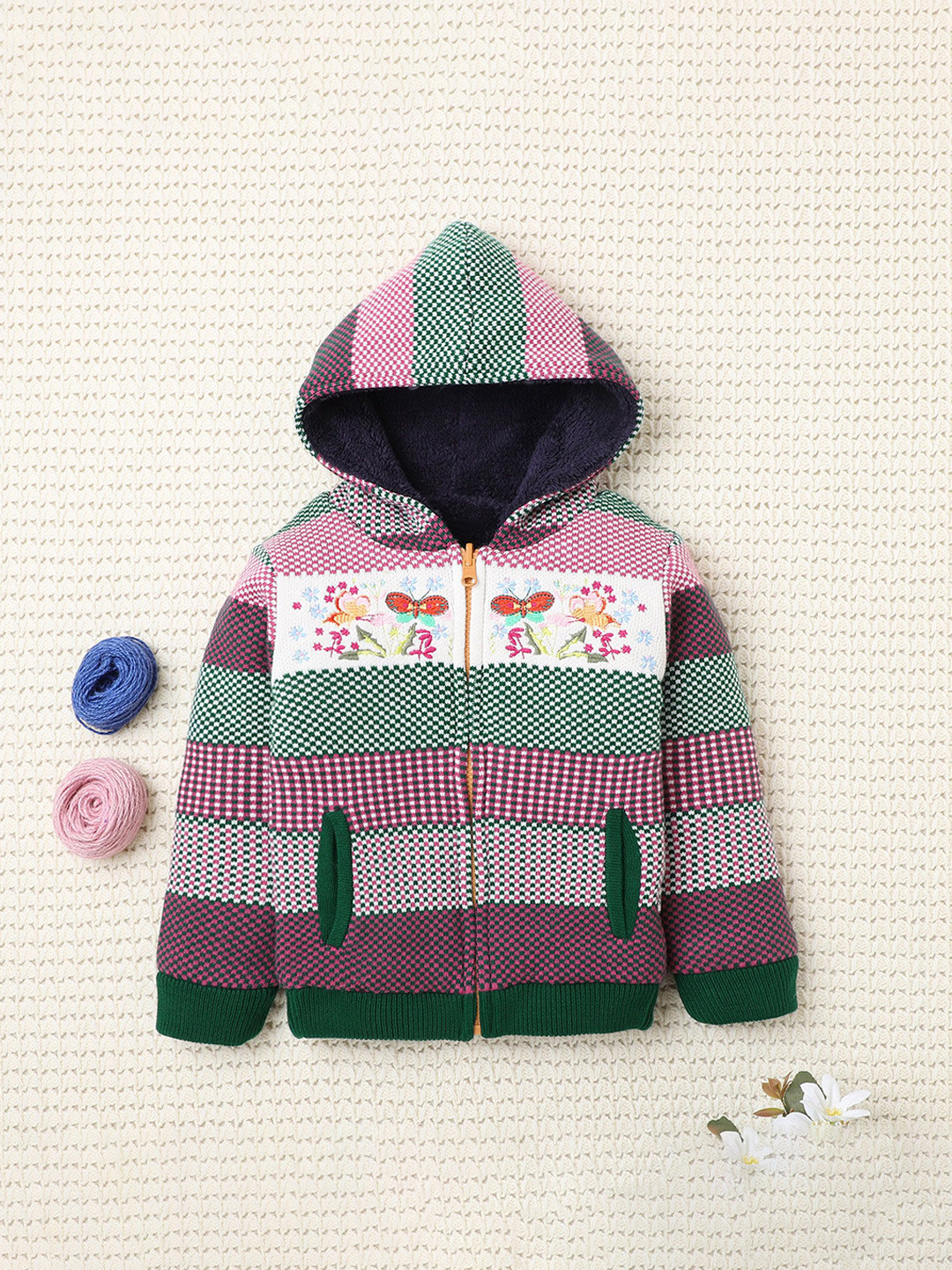 Yellow Apple Girls Colourblocked Pullover with Embroidered Detail