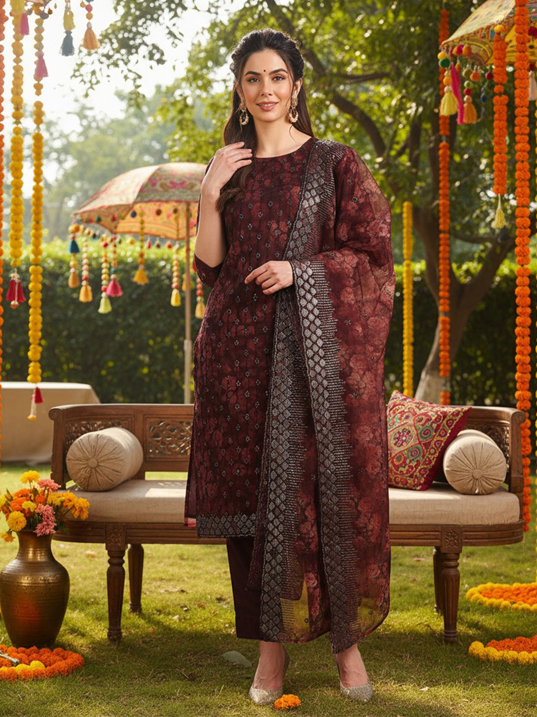 AHIKA Brown Ethnic Motifs Embroidered Sequinned Organza Kurta with Trousers & Dupatta