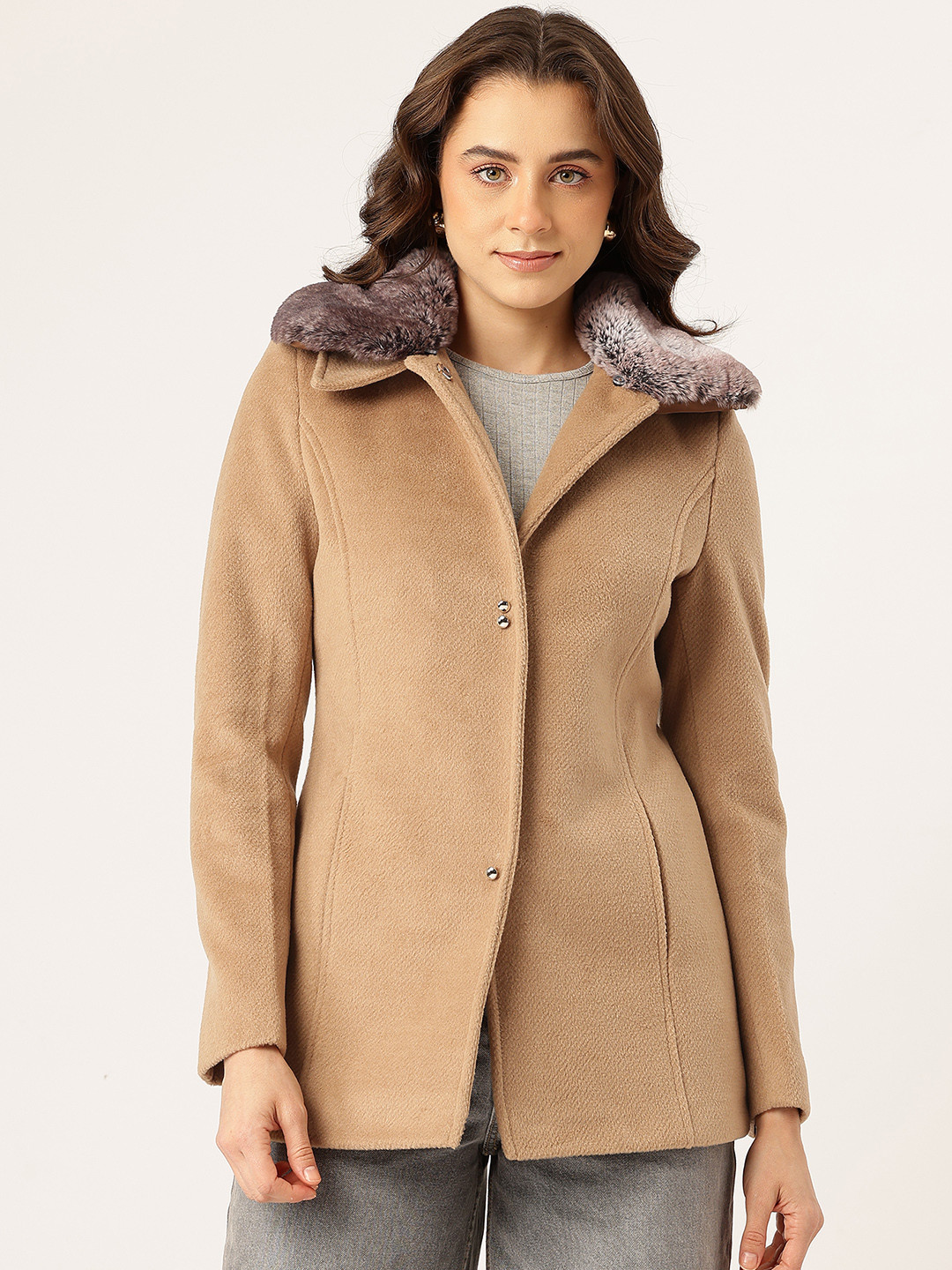 Okane Solid Single Breasted Overcoat With Removable Faux Fur Collar