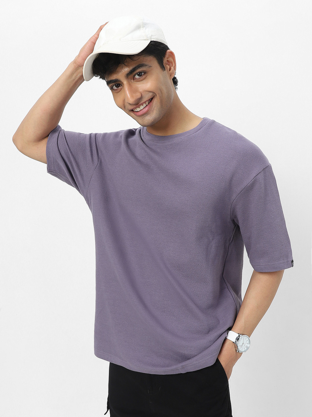 Urbano Fashion Men's Lilac Textured Round Neck Oversized Half Sleeve Cotton T-Shirt