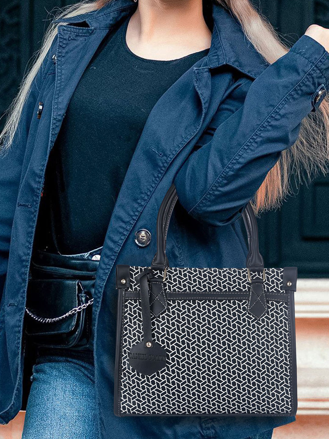 DANIEL CLARK Geometric Printed Structured Handheld Bag