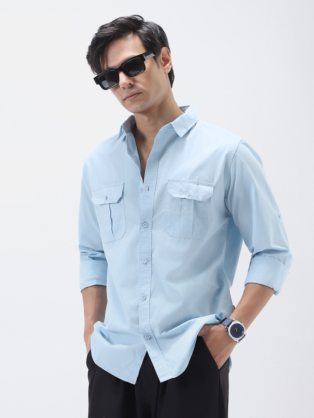 Urbano Fashion Men Blue Cotton Long Sleeve Regular Fit Casual Solid Shirt