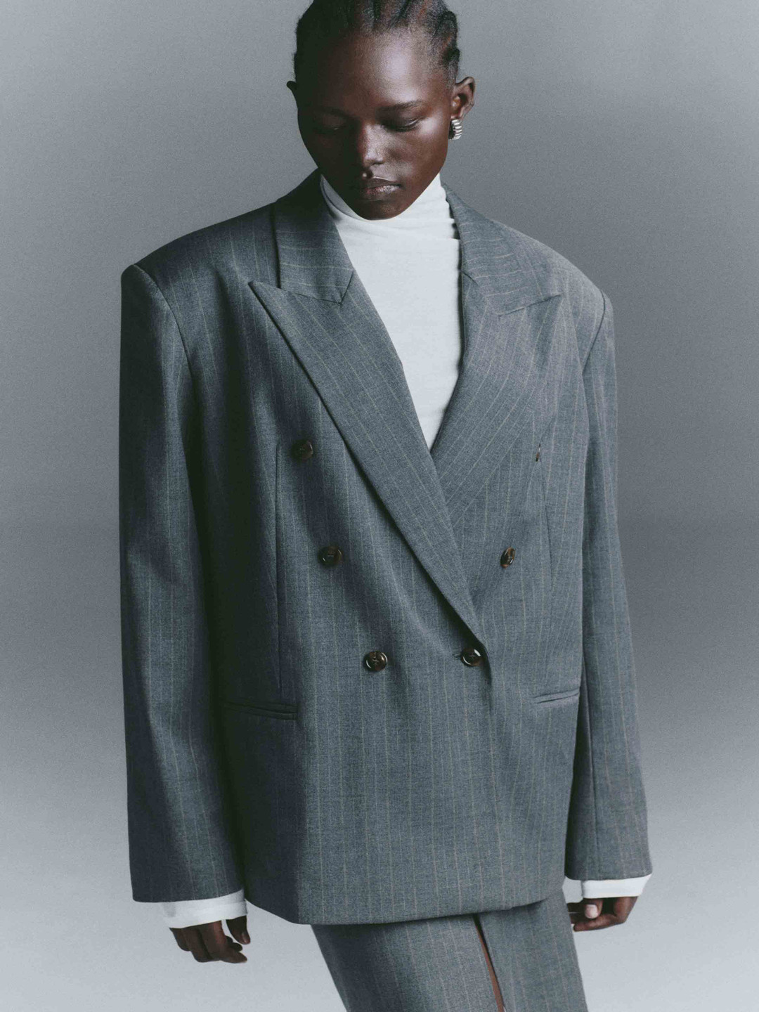 H&M Women Striped Double-Breasted Blazer