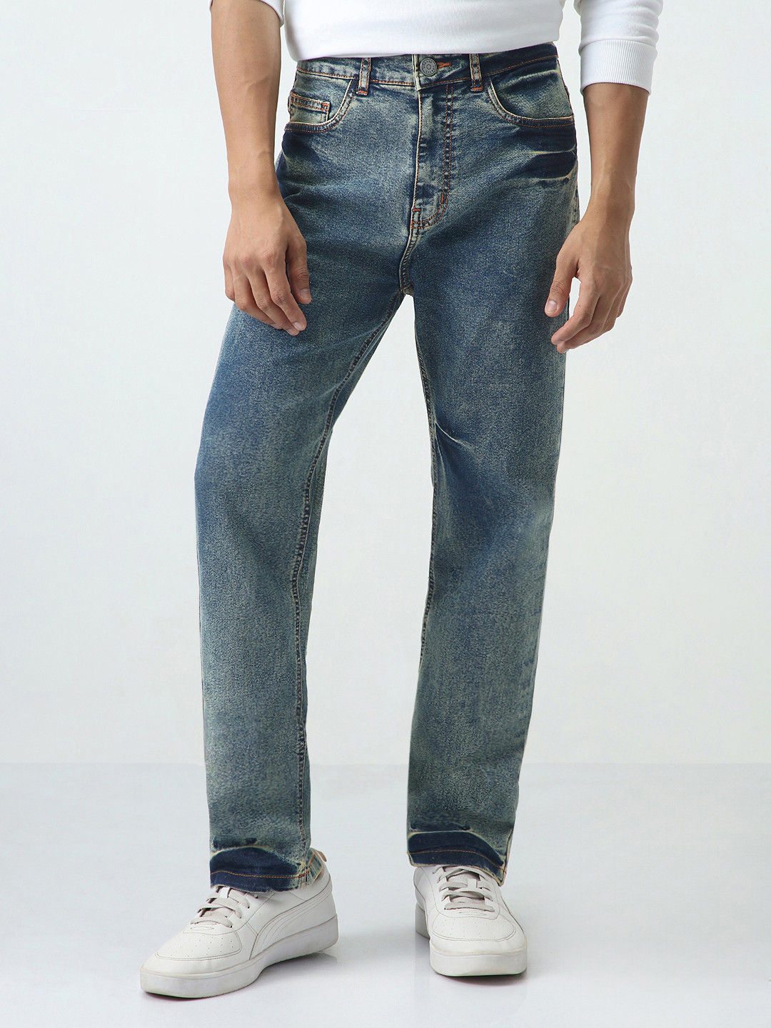 Urbano Fashion Men Light Blue Straight Fit Heavy Washed Jeans Stretchable