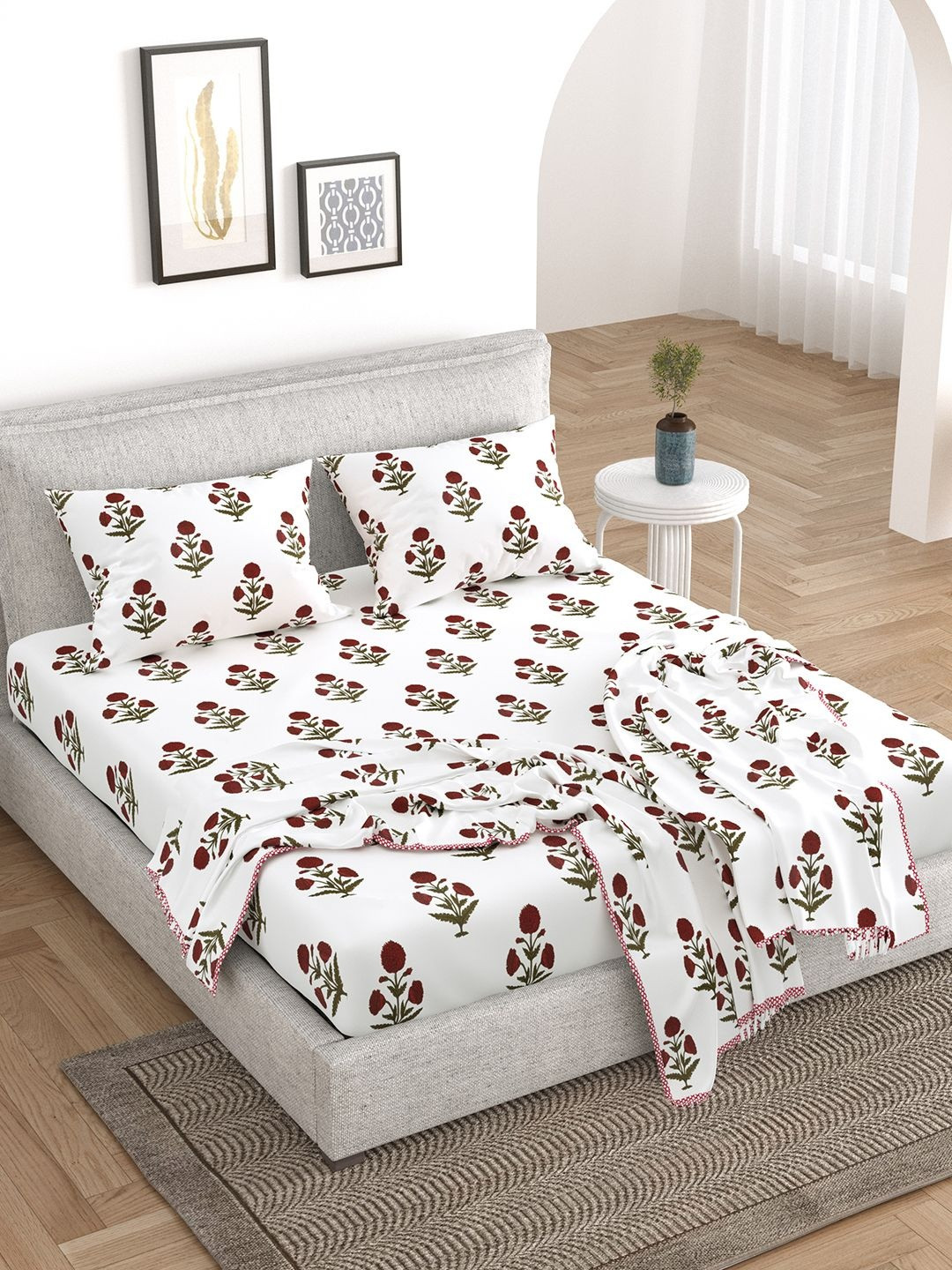 BELLA CASA Red & Off White Ethnic Motifs Cotton 5 Piece Double King Superfine Bedding Set