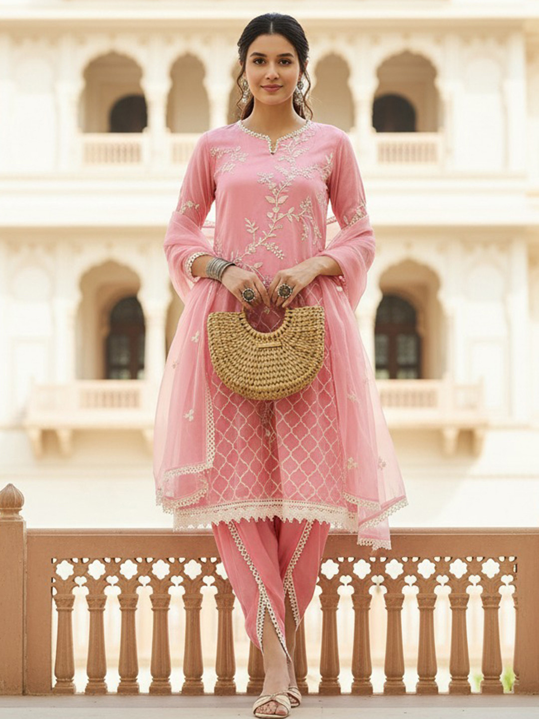 AHIKA Pink Floral Embroidered Thread Work Organza A-Line Kurta With Dhoti Pants & Dupatta