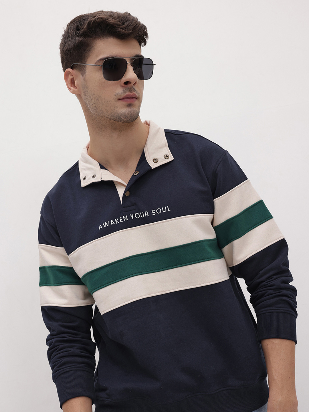 The Roadster Life Co. Self Striped Mock Collar Pullover with Snap Button Detail