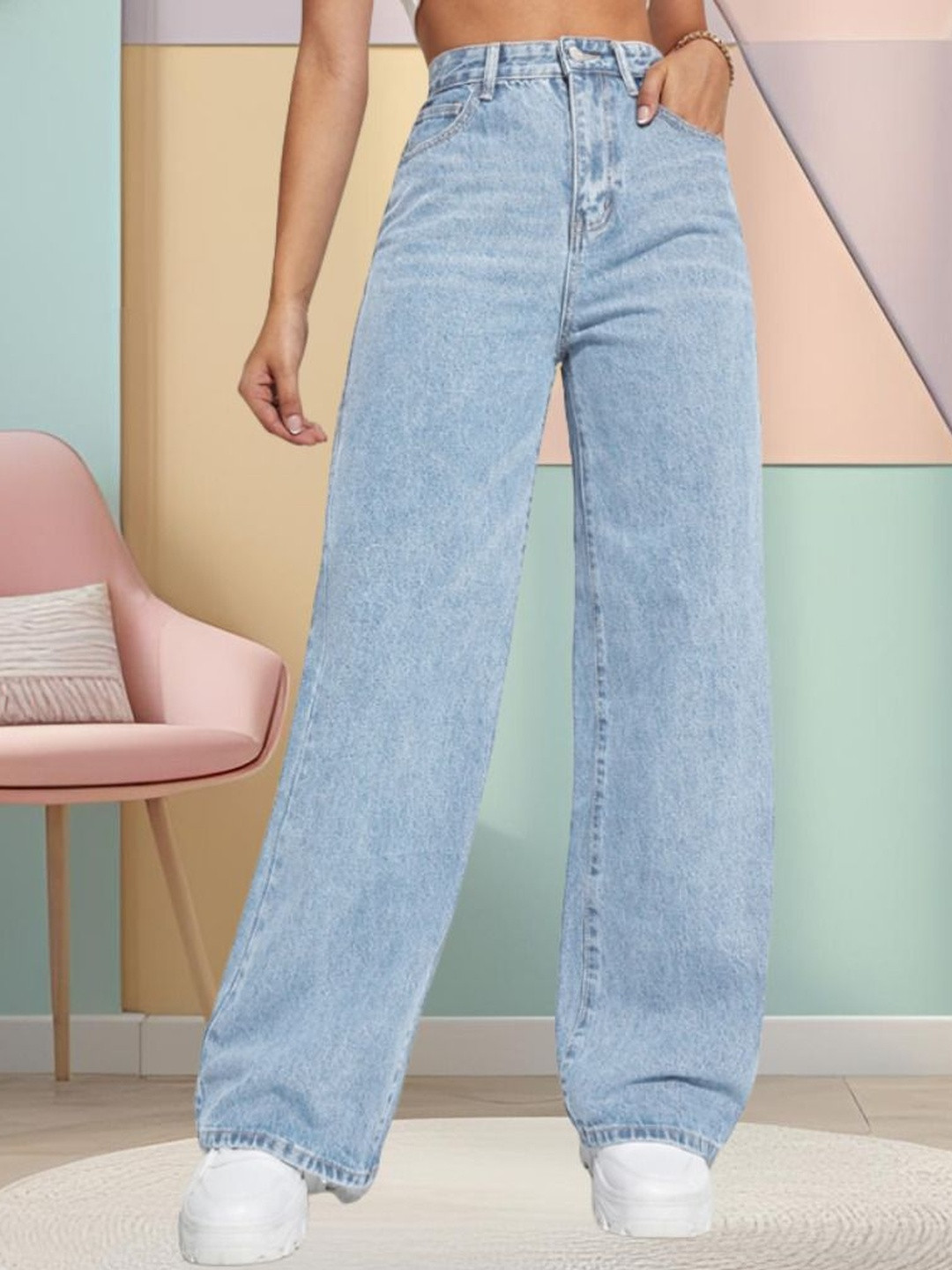 STITCH FACTORY Women Straight Fit High-Rise Light Fade Jeans