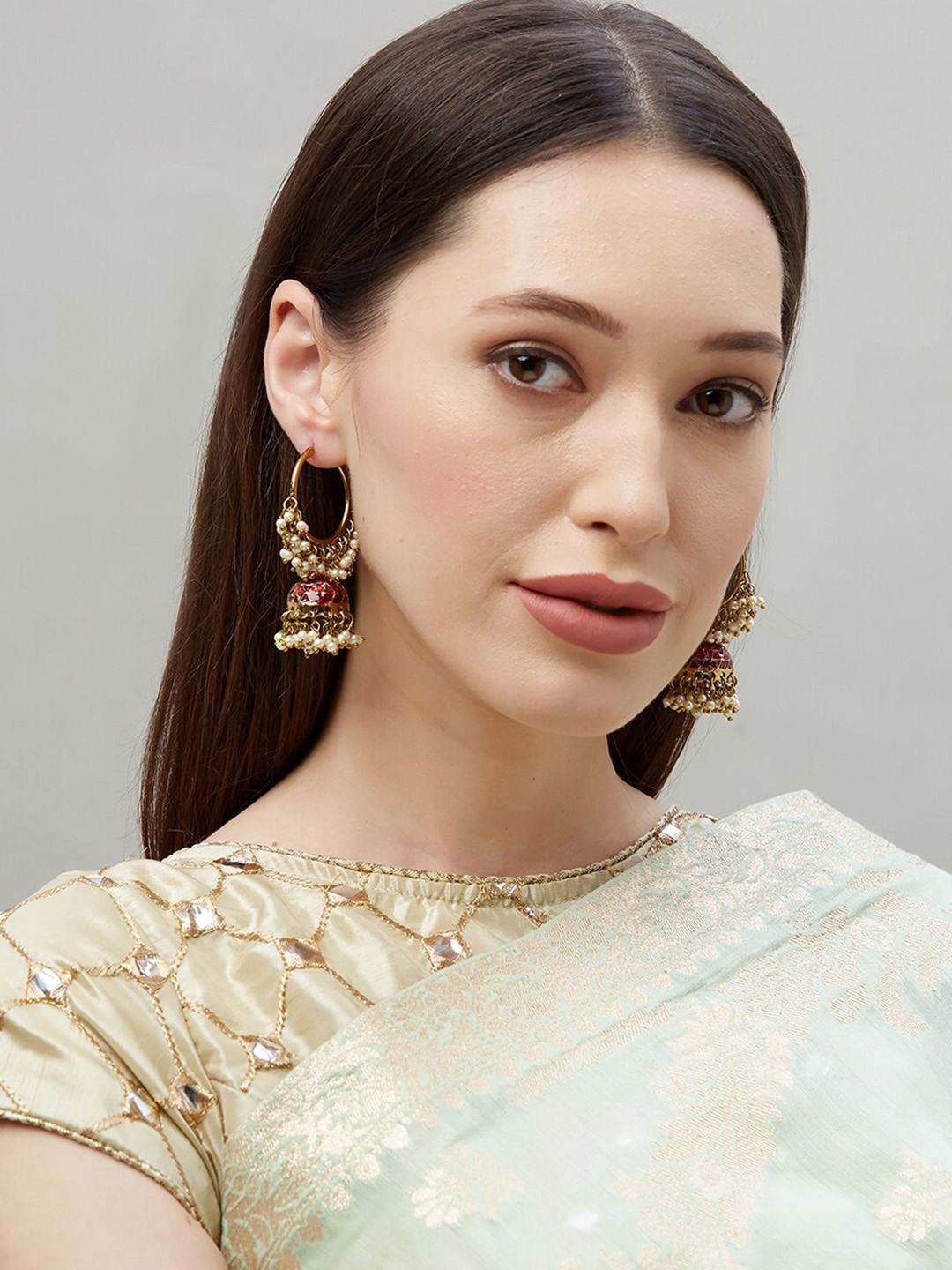 Fida Geometric Gold Plated Beaded Dome Shaped Jhumkas