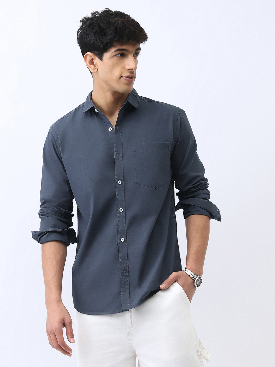 Urbano Fashion Men Slate Blue Cotton Full Sleeve Regular Fit Casual Solid Shirt
