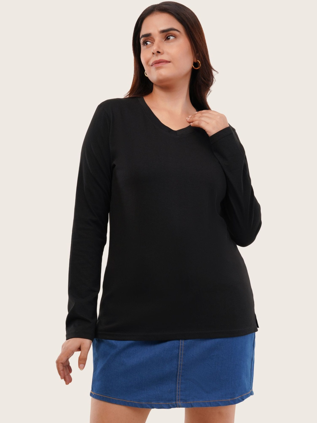 GlamZei Women Black Solid Cotton Long Sleeve V-Neck Casual T-Shirts