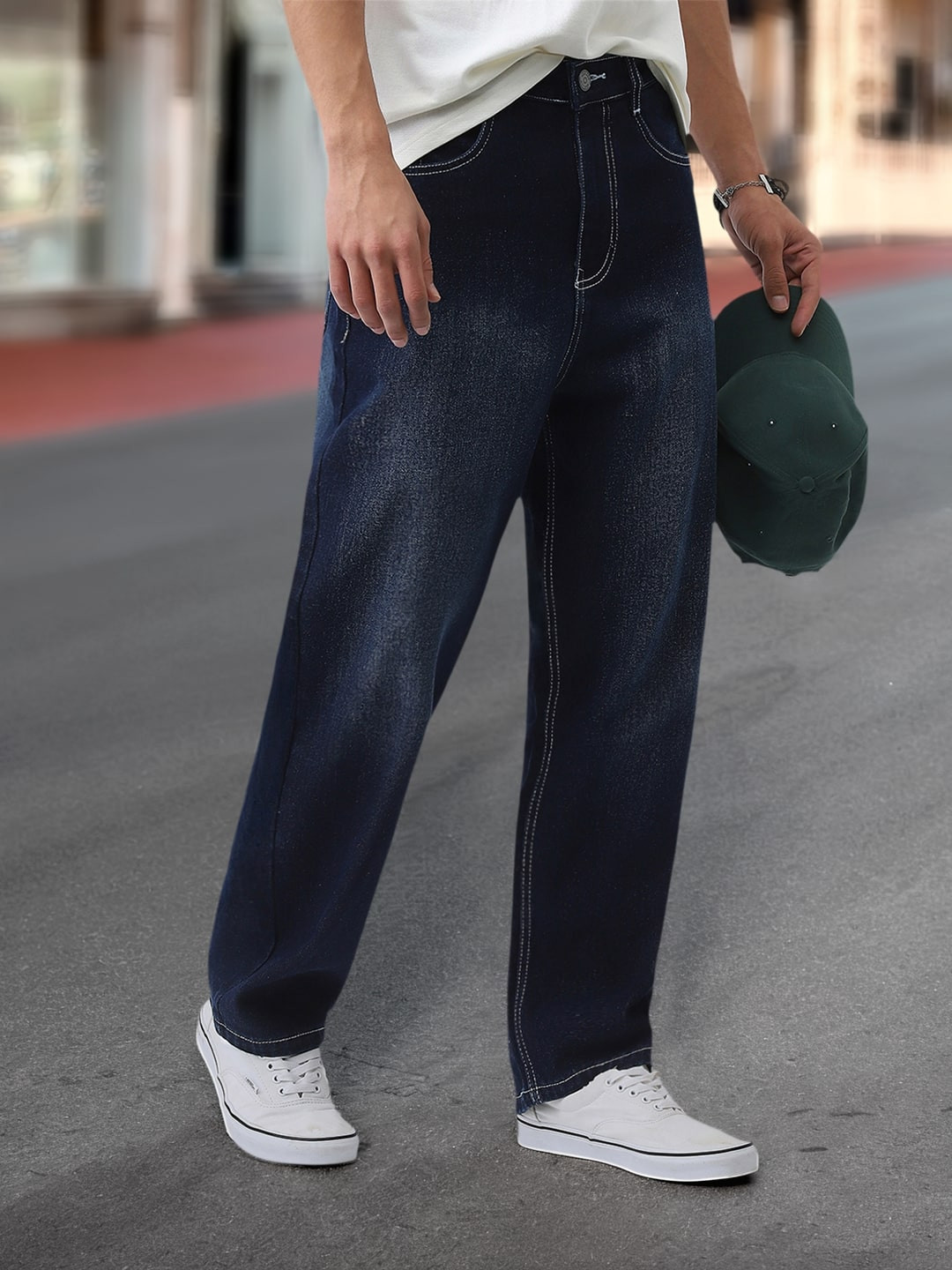 Urbano Fashion Men Cotton Dark Blue Loose Baggy Fit Washed Jeans