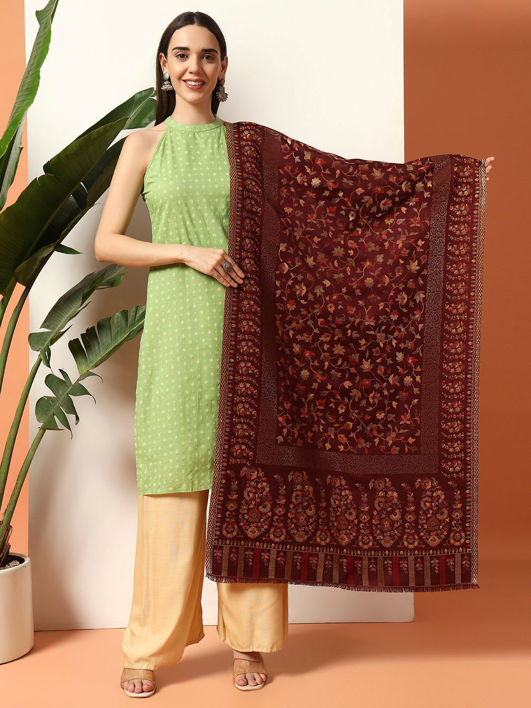 HANDICRAFT PALACE Women Ethnic Motifs Woven Design Stole With Frayed Border