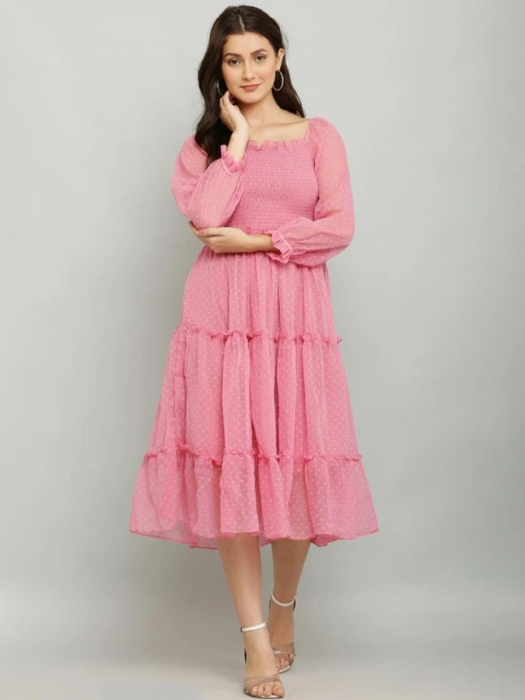 Gulkanya STYLE Polka Dot Georgette Fit & Flare Midi Dress