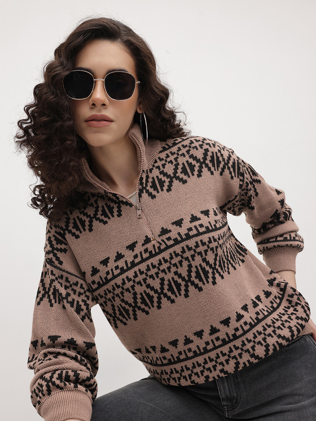 The Roadster Life Co. Geometric Self Design Mock Collar Pullover