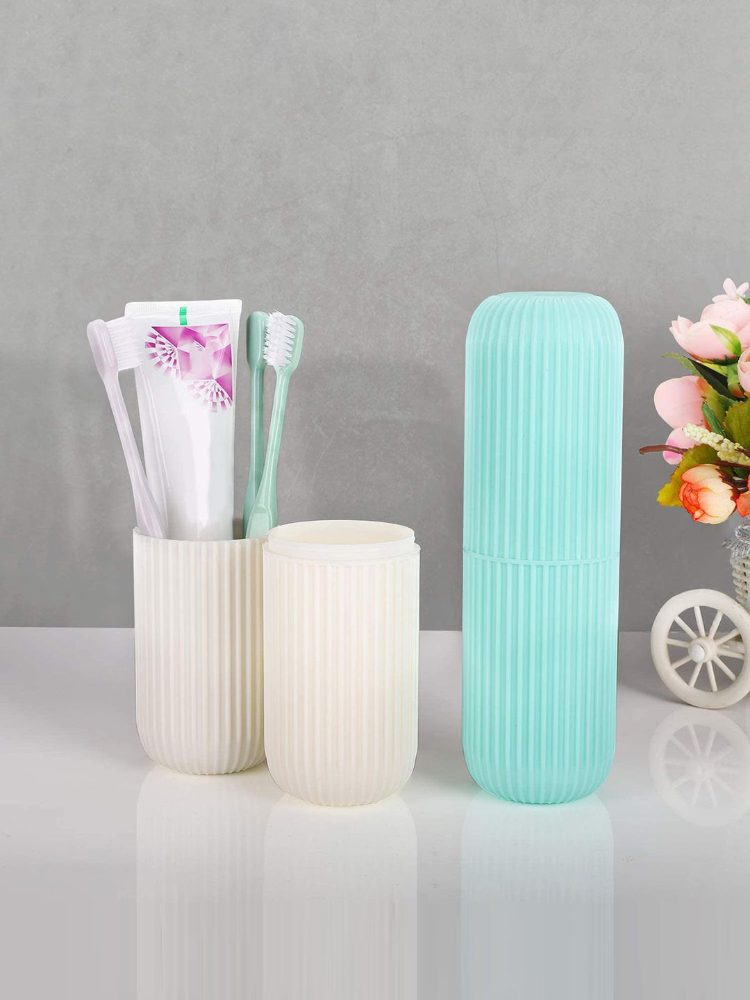 Kuber Industries Assorted Plastic Toothpaste Case Holder Striped Mouthwash Cup