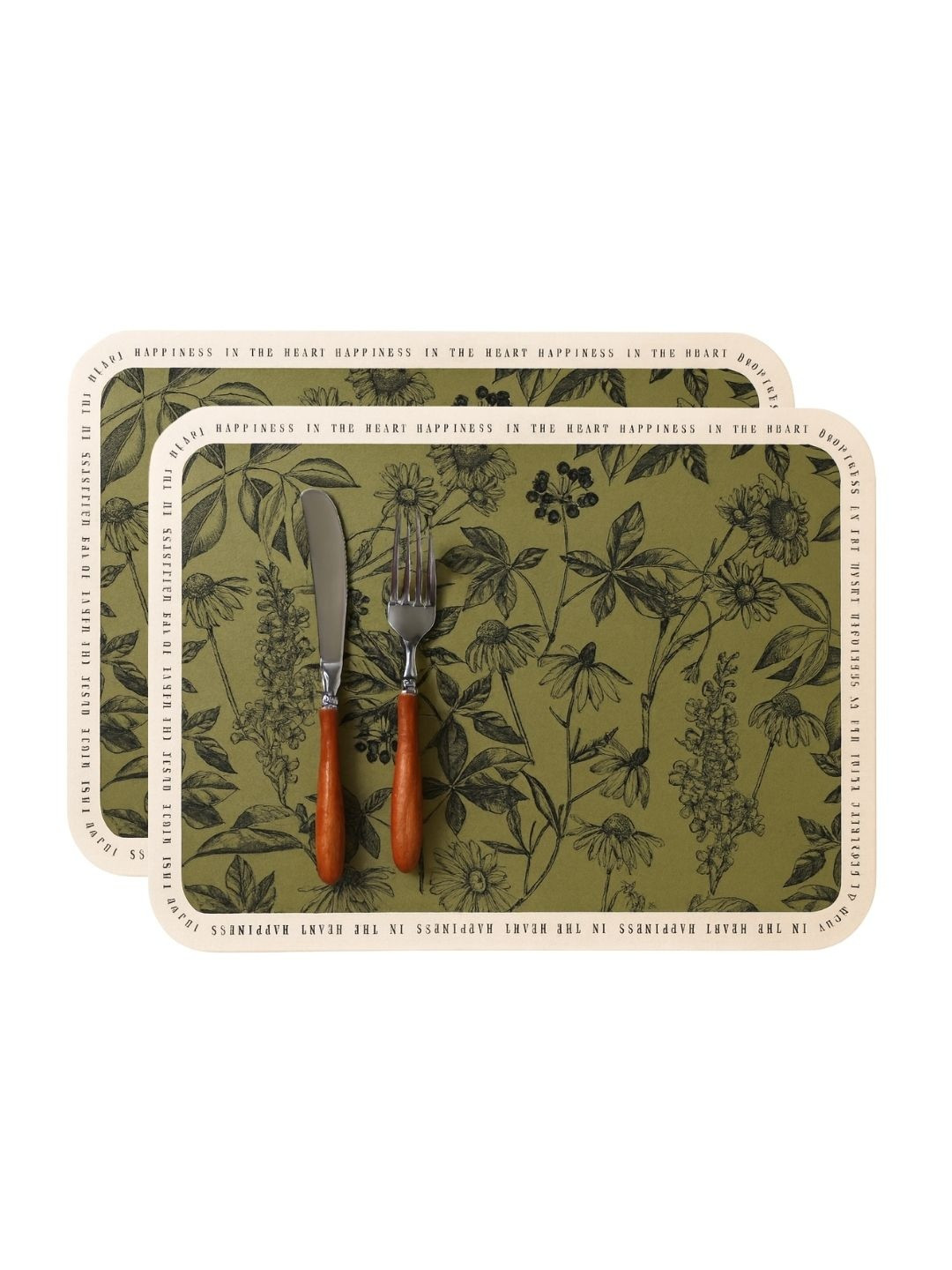 YELONA 2Pcs Olive-Green Patterned Waterproof Heat-Resistant Anti-Slip Table Placemats