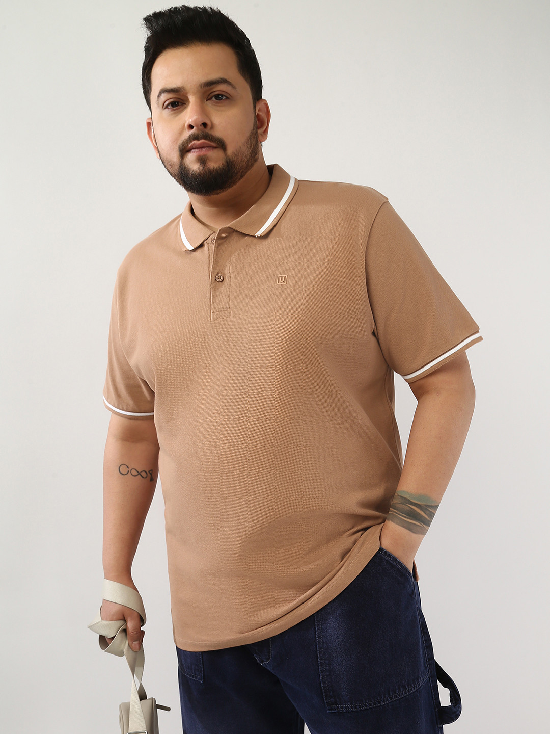 Urbano Plus Men's Mocha Mousse Solid Regular Fit Half Sleeve Cotton Polo T-Shirt