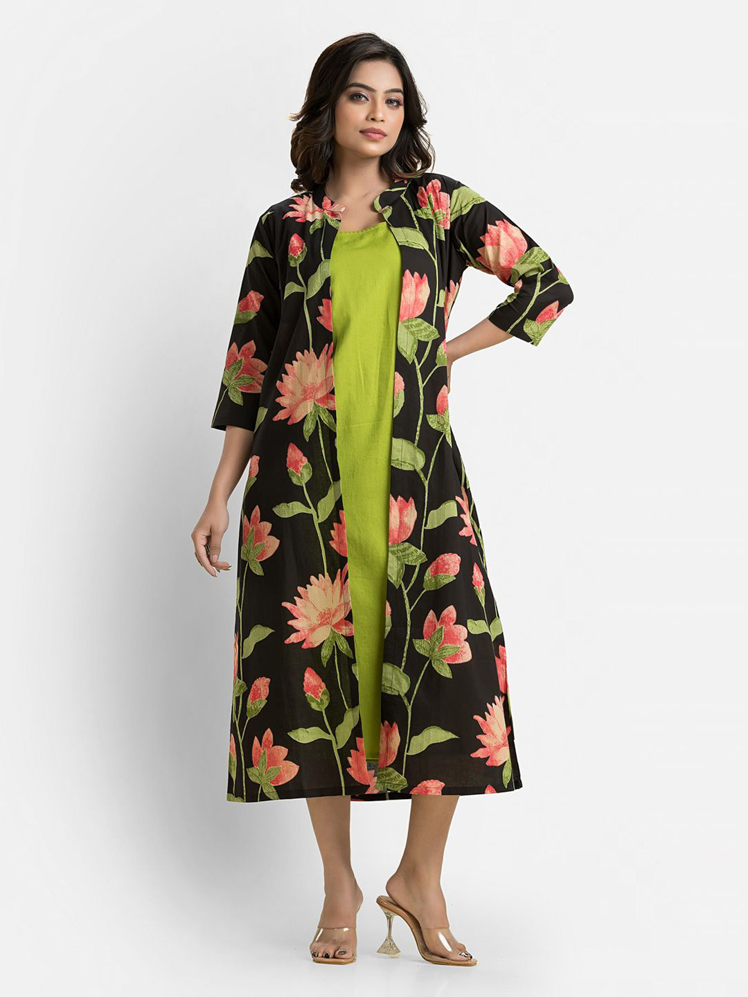 Crazy Needle Floral Print Fit & Flare Midi Dress