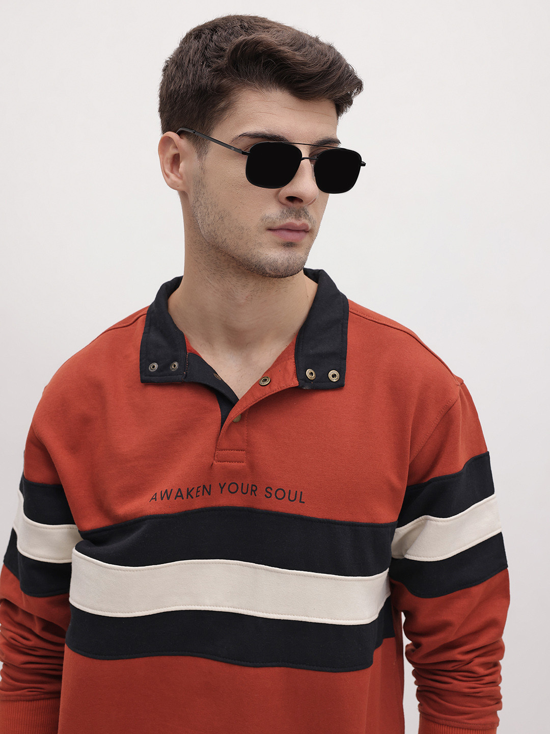 The Roadster Life Co. Self Striped Mock Collar  Pullover with Snap Button Detail