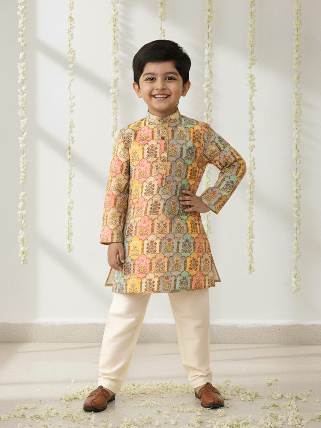 Sangria Boys Floral Printed Pure Cotton Kurta with Trousers