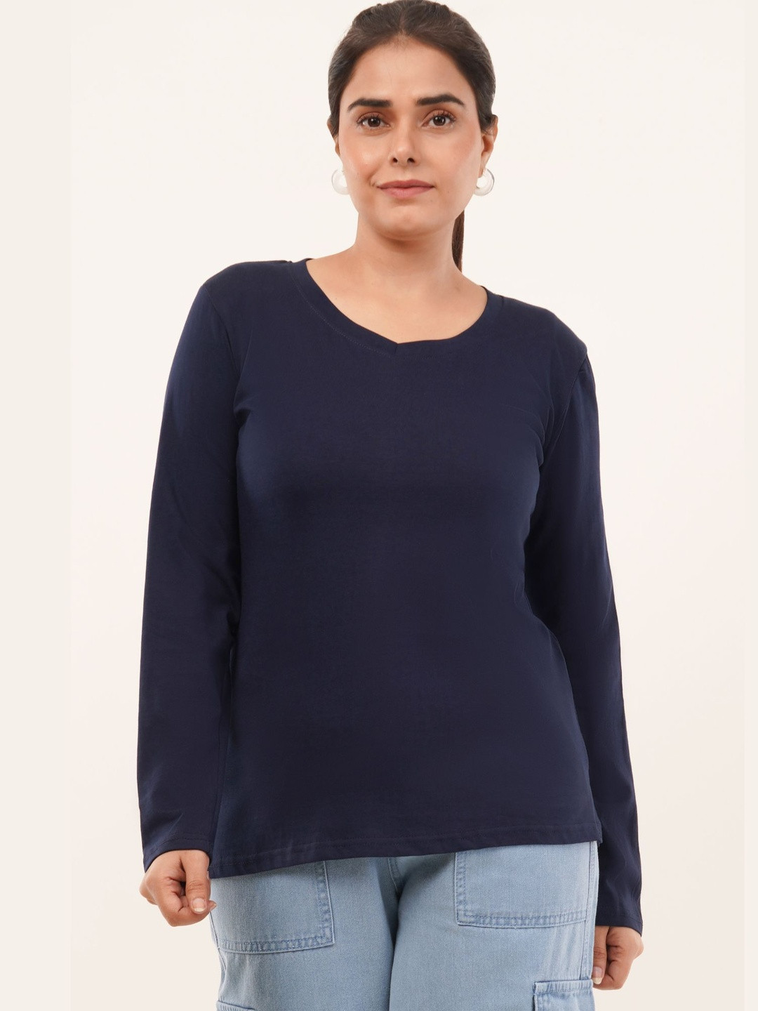 GlamZei Women Navy Blue Solid Cotton Long Sleeve V-Neck Casual T-Shirts