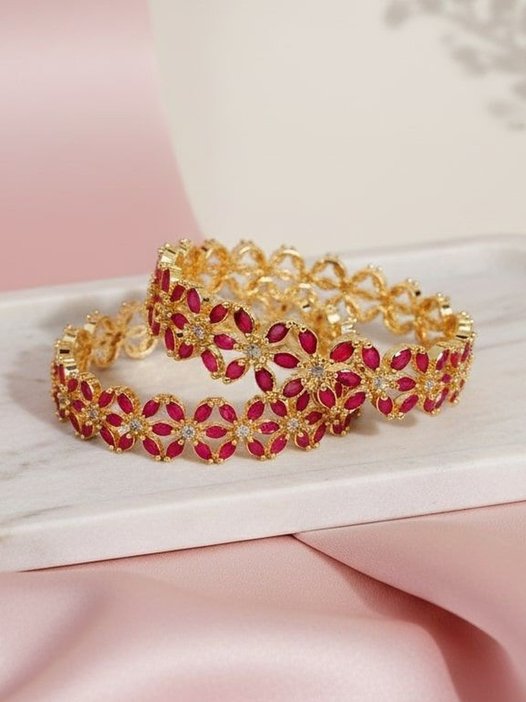 Opal Touch Set Of 2 Gold-Plated & Red Brass American Diamond Bangle