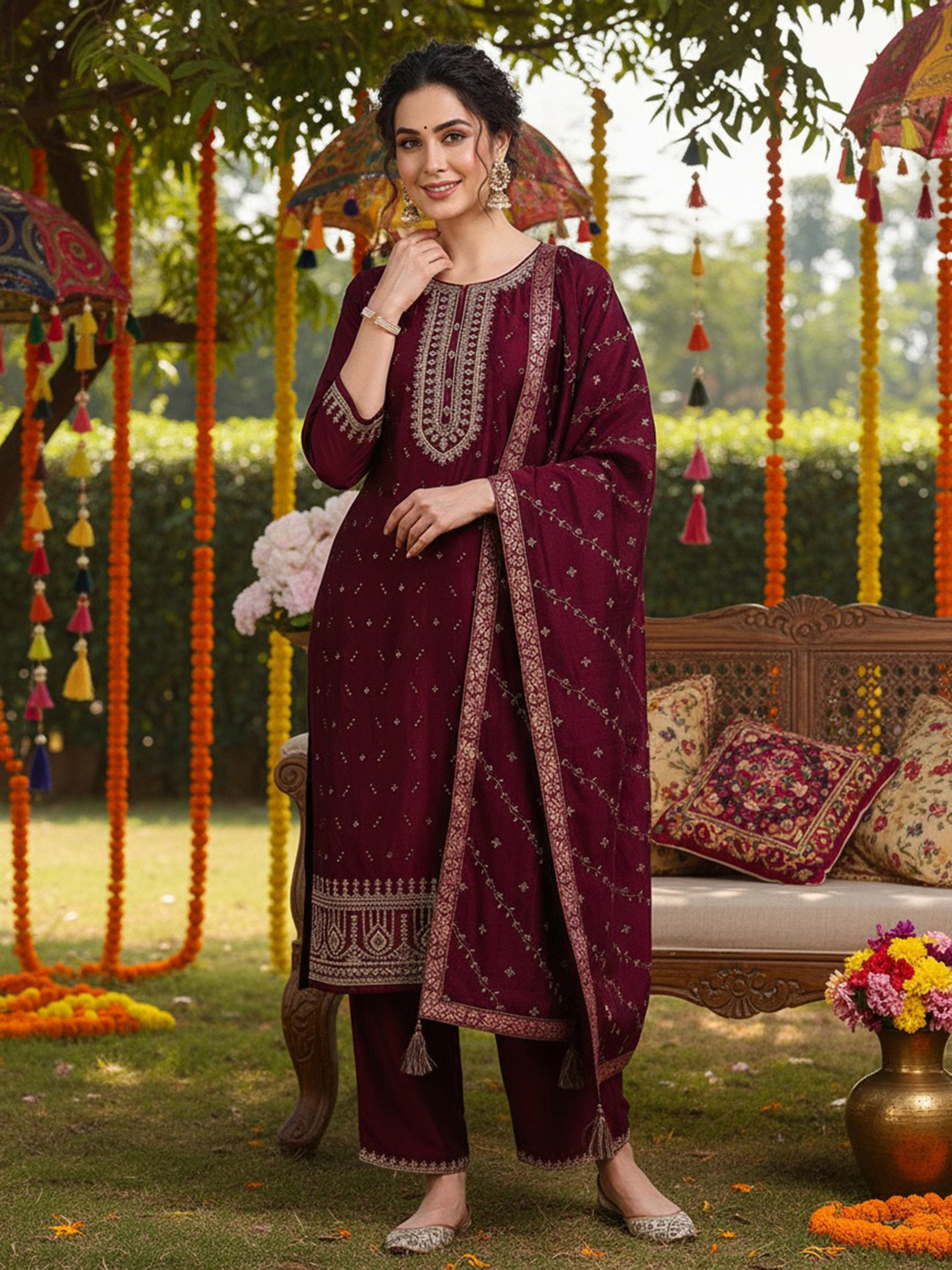 KALINI Floral Embroidered Sequinned Kurta with Palazzo & Dupatta