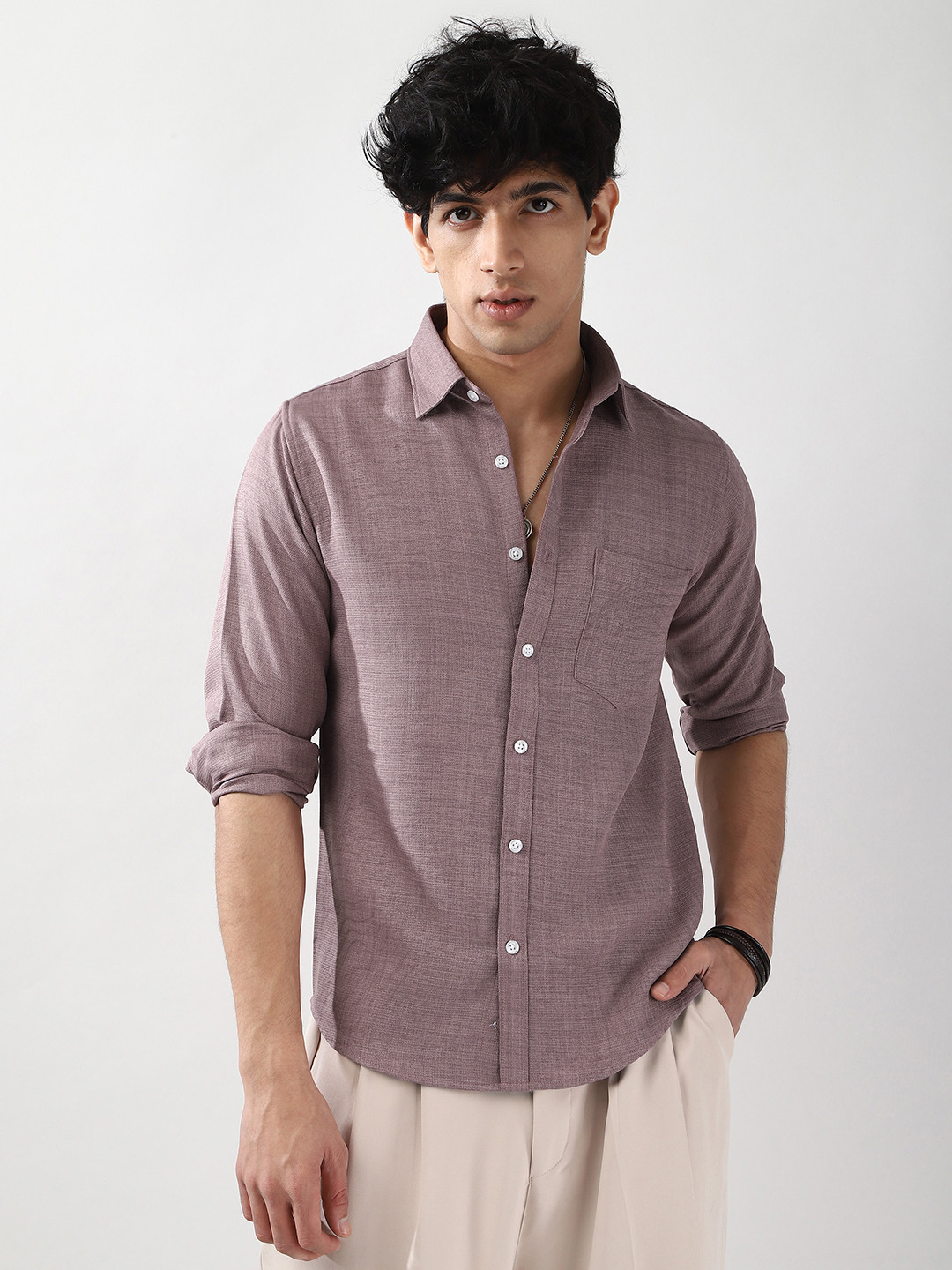 Urbano Fashion Men Purple Solid Linen Full Sleeve Relaxed Fit Casual Shirt