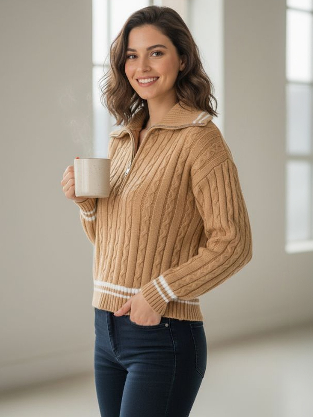 MARC LOUIS Mandarin Collar Woollen Tweed Top