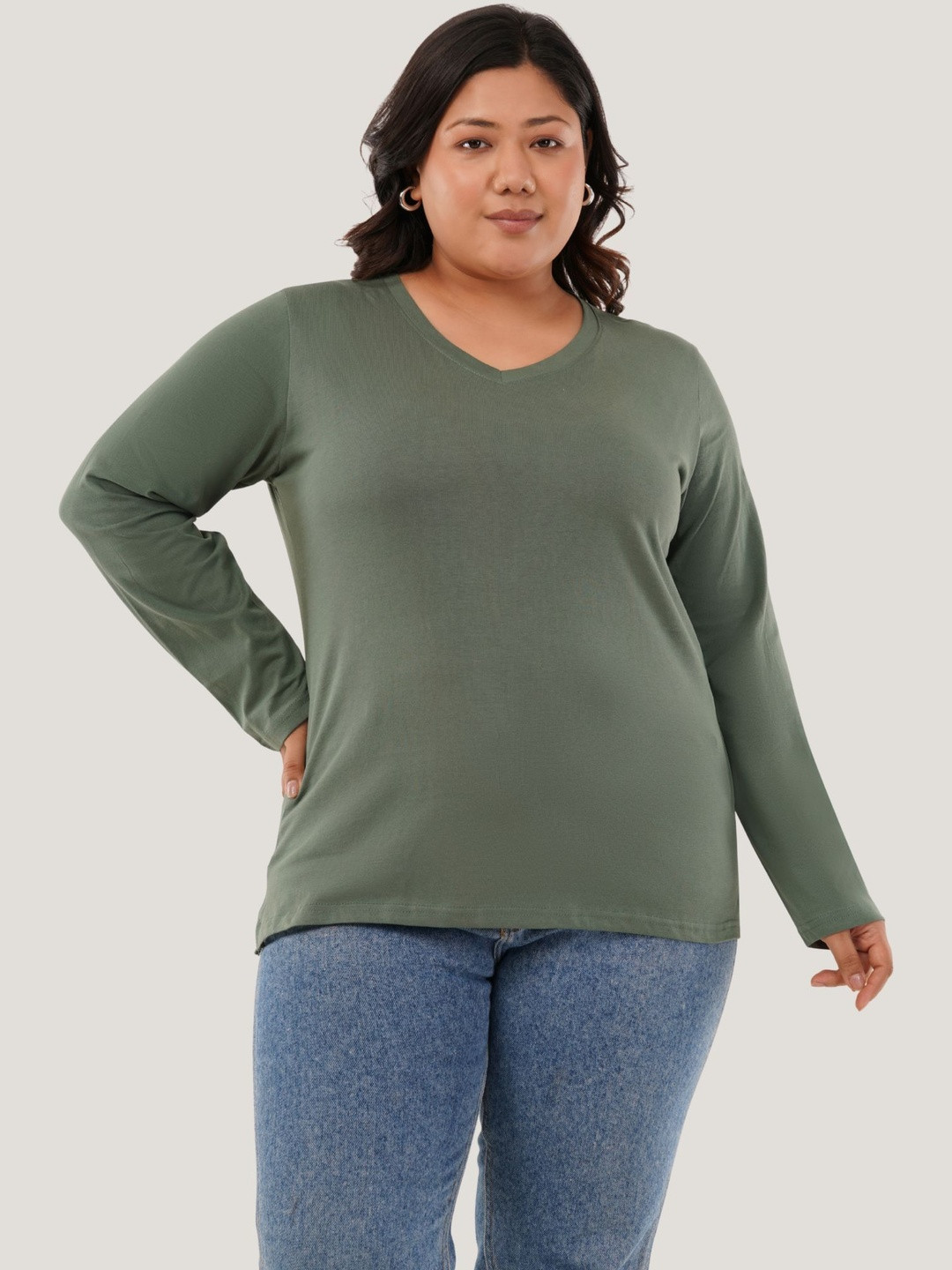 GlamZei Women Green Solid Cotton Long Sleeve V-Neck Casual T-Shirts