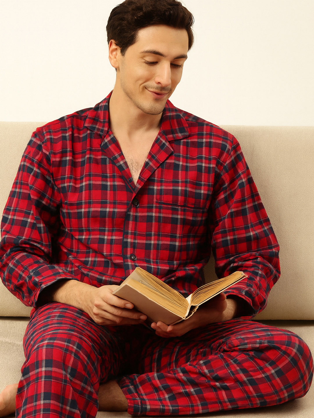 Hancock Men Red & Navy Blue Checked Pure Cotton Night suit