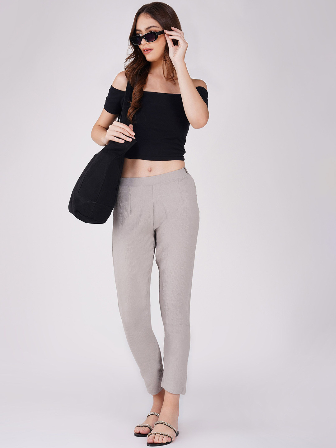 Bindigasm Women Grey Relaxed Straight Leg Straight Fit Easy Wash Slip on Trousers